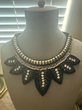 Black Statement Bib Necklace with Metallic Accents